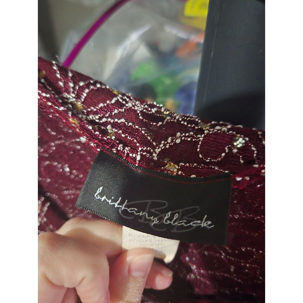 Brittany Black Burgundy Lace V-Neck‎ 3/4 Sleeves Top Medium Y2K Party Holiday - Picture 7 of 11